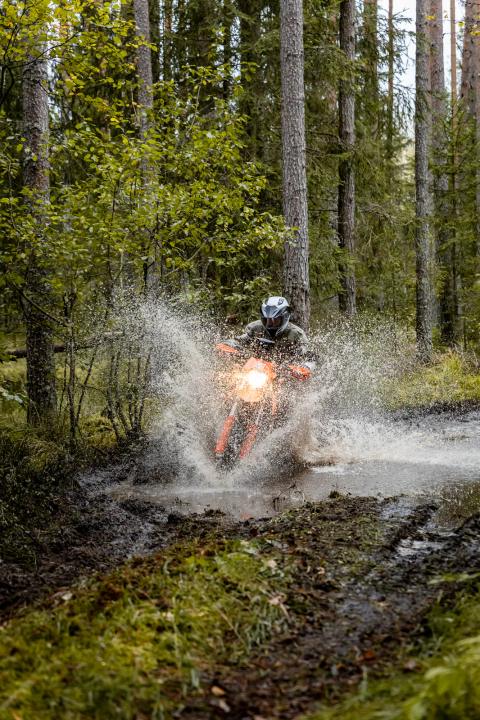 Mootorrattur läbib veega täitunud metsarada – Alakonnu Ralli 2025