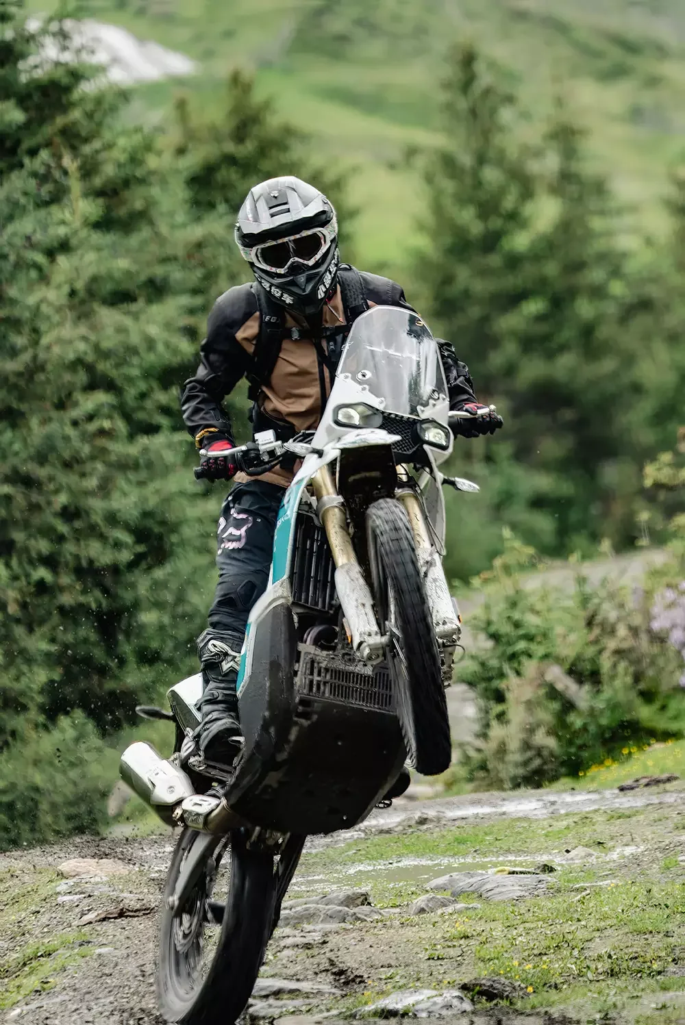 Rider on a KOVE 450 Rally motorcycle on a forest trail