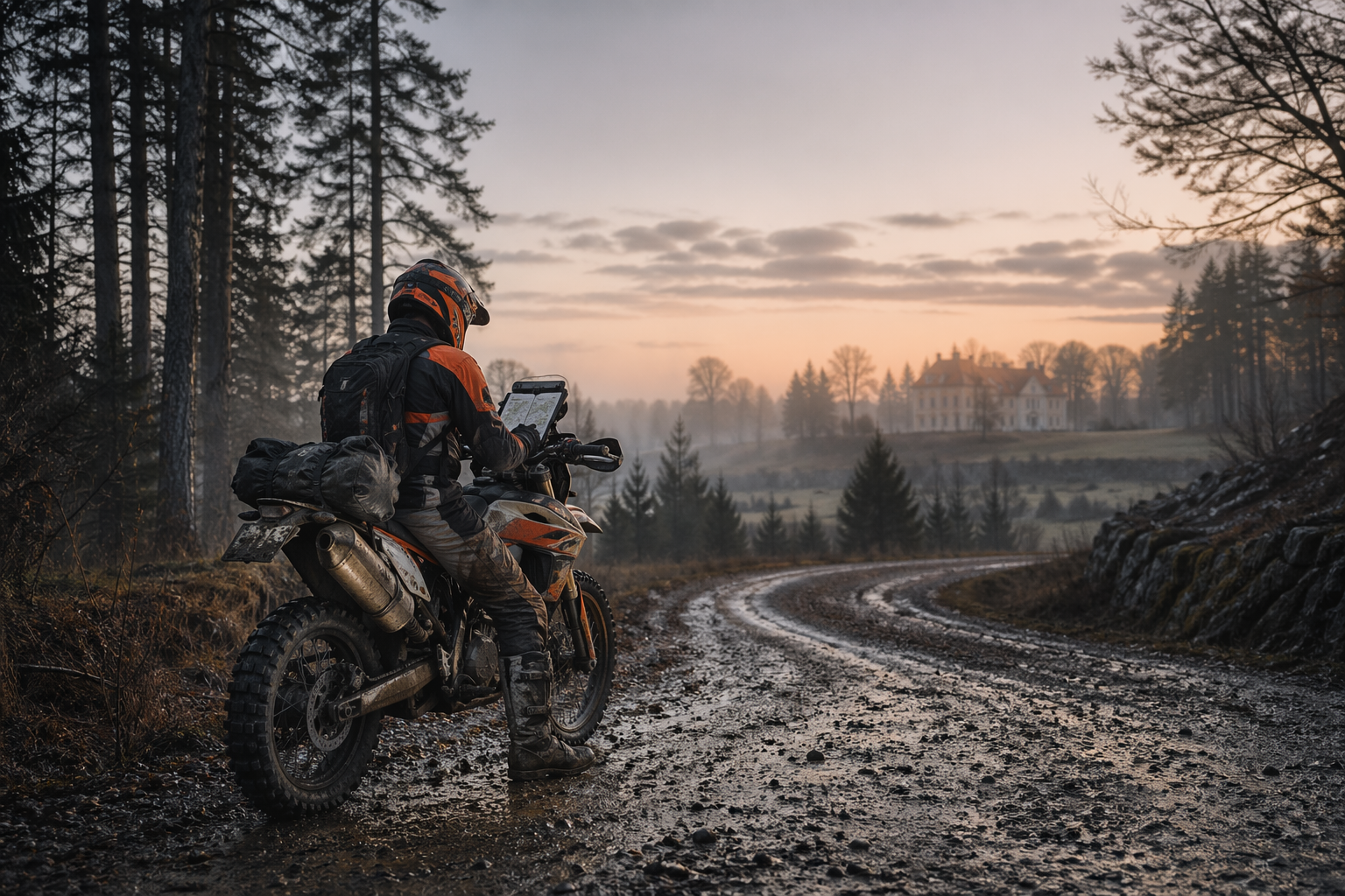 AI-generated editorial dawn rally route concept