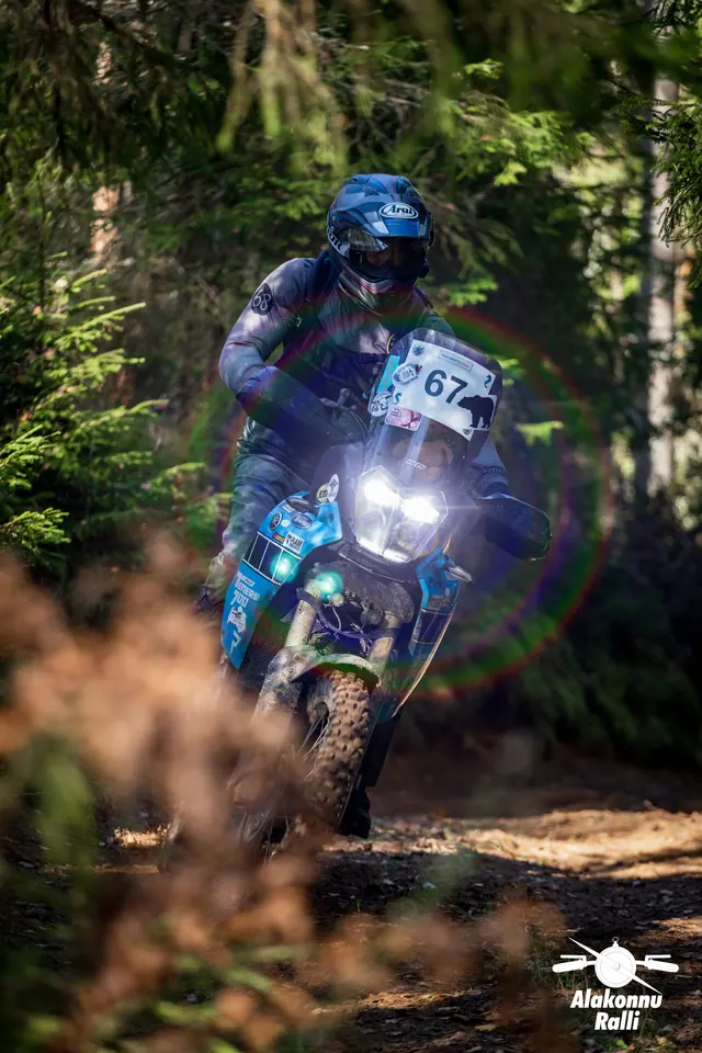 Alakonnu Ralli 2026: sinisel matkaenduromootorrattal sõitja kallutab päikeselises metsakurvis.