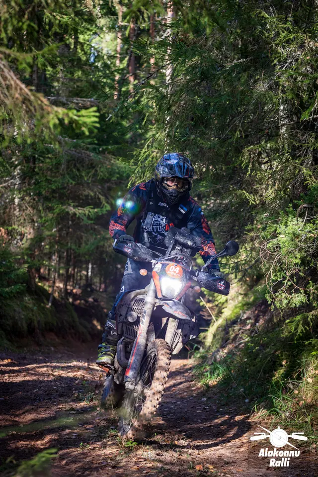 Alakonnu Ralli 2026: mootorrattur läbib kitsast kurvi kuuseokste ja päikeselaikude vahel.