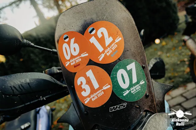 A close-up of rally number stickers on a motorcycle – Alakonnu Rally 2026, SS2 · SS3