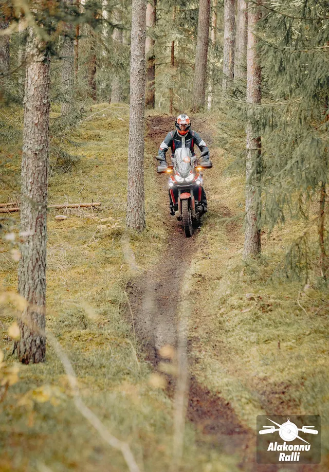 Mootorrattur sõidab mööda sügisest metsarada – Alakonnu Ralli 2026, SS2 · SS3